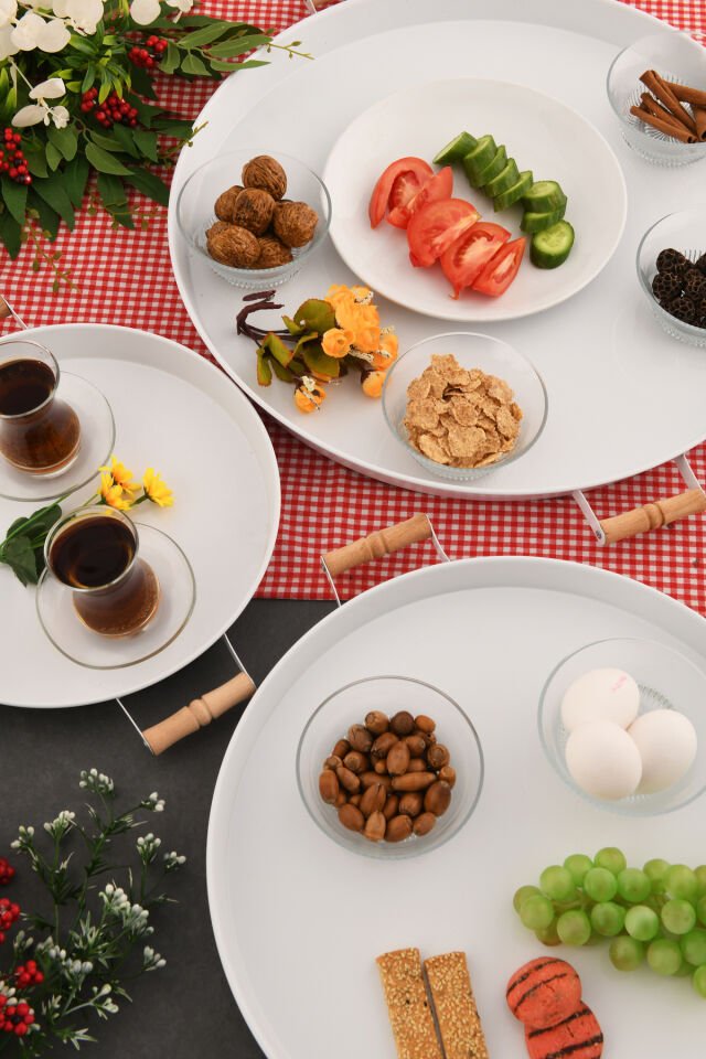 London 3’lü (51, 37, 31 CM) Beyaz Sunum Metal Servis Tepsisi Takımı Kahvaltı Ahşap Kup İkramlık