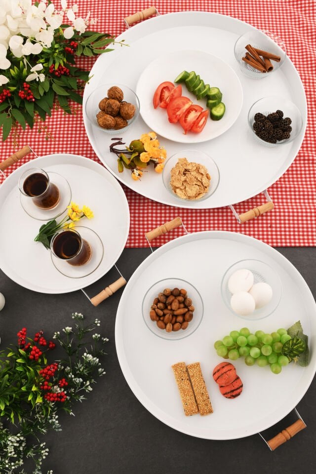 London 3’lü (51, 37, 31 CM) Beyaz Sunum Metal Servis Tepsisi Takımı Kahvaltı Ahşap Kup İkramlık