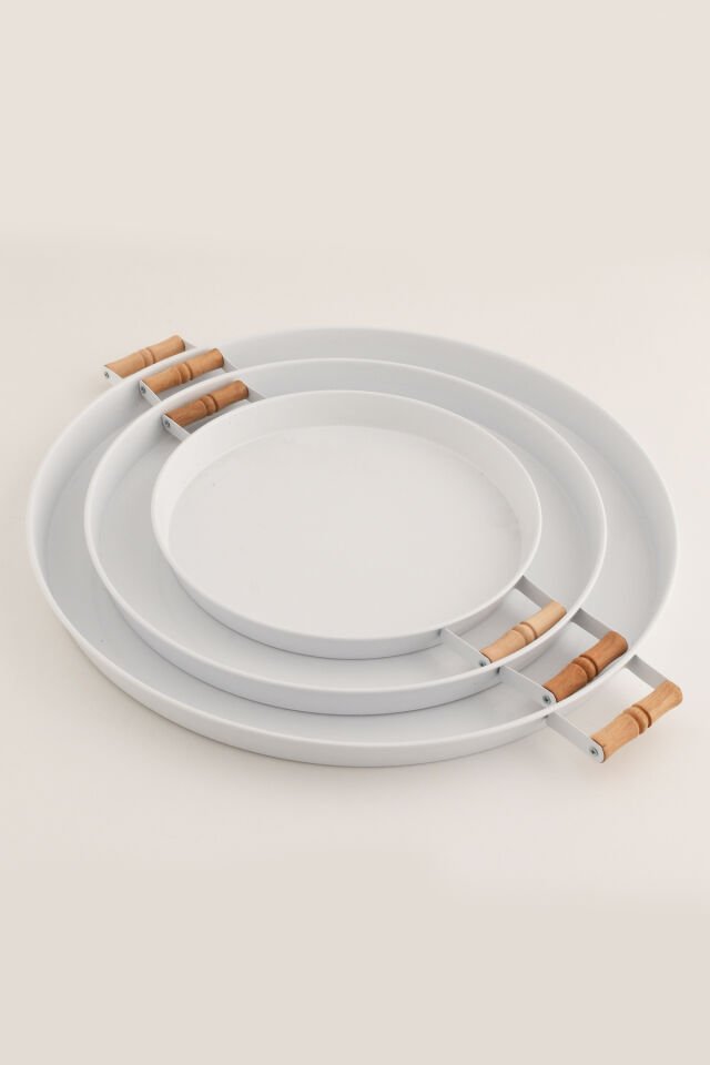 London 3’lü (51, 37, 31 CM) Beyaz Sunum Metal Servis Tepsisi Takımı Kahvaltı Ahşap Kup İkramlık