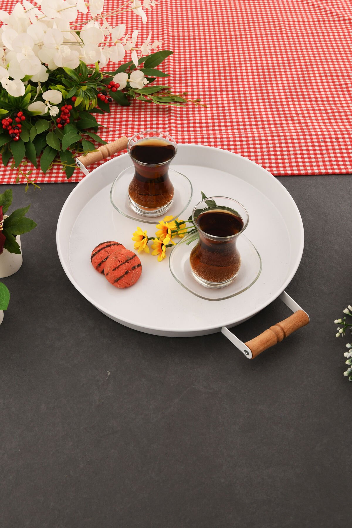 London 31 cm Beyaz Sunum Metal Servis Tepsisi Takımı Kahvaltı Ahşap Kulp İkramlık