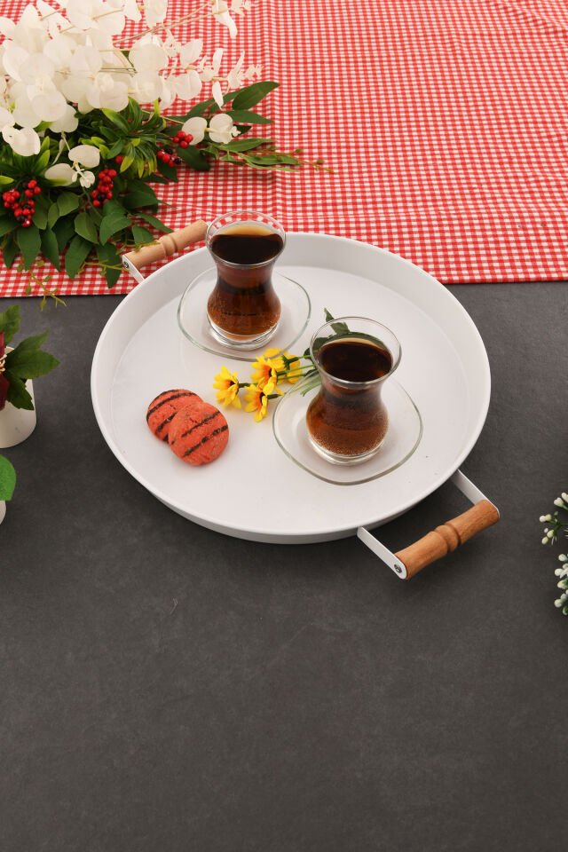London 31 cm Beyaz Sunum Metal Servis Tepsisi Takımı Kahvaltı Ahşap Kulp İkramlık
