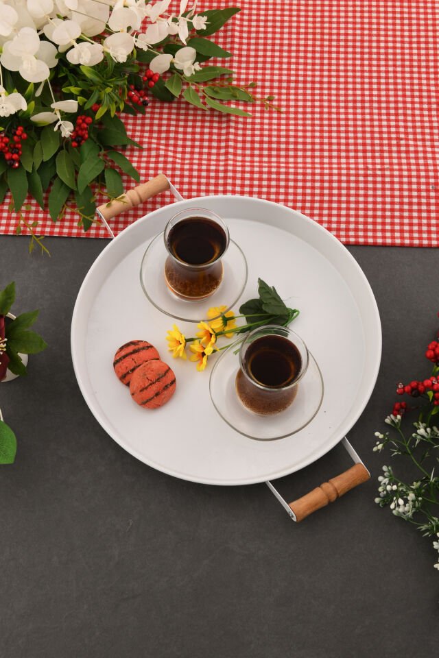 London 31 cm Beyaz Sunum Metal Servis Tepsisi Takımı Kahvaltı Ahşap Kulp İkramlık