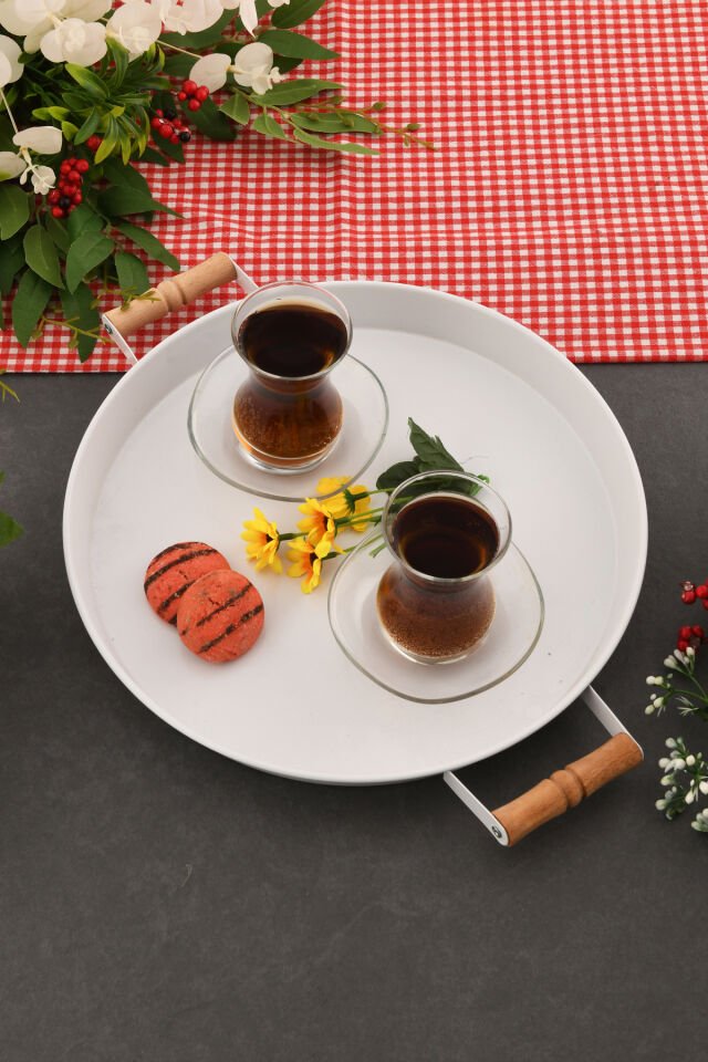 London 31 cm Beyaz Sunum Metal Servis Tepsisi Takımı Kahvaltı Ahşap Kulp İkramlık