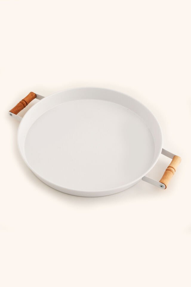 London 31 cm Beyaz Sunum Metal Servis Tepsisi Takımı Kahvaltı Ahşap Kulp İkramlık