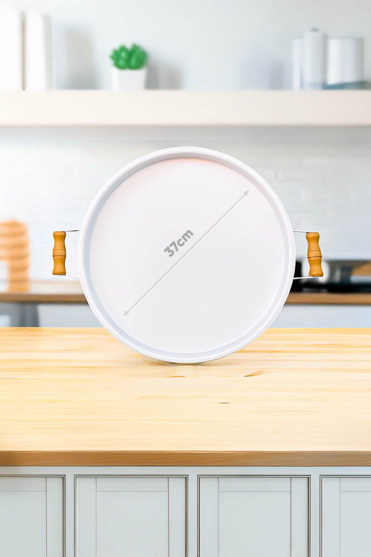 London 37 cm Beyaz Sunum Metal Servis Tepsisi Takımı Kahvaltı Ahşap Kulp İkramlık