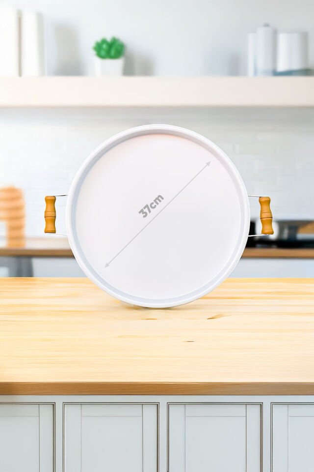 London 37 cm Beyaz Sunum Metal Servis Tepsisi Takımı Kahvaltı Ahşap Kulp İkramlık