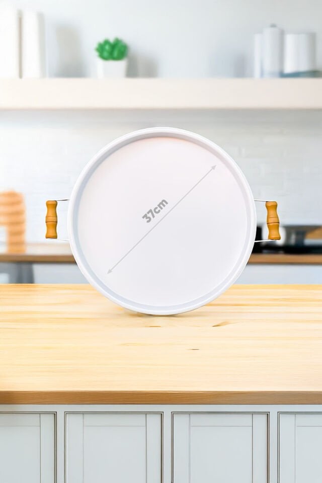 London 37 cm Beyaz Sunum Metal Servis Tepsisi Takımı Kahvaltı Ahşap Kulp İkramlık