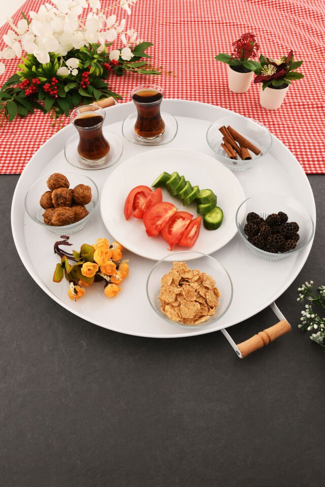 London 57 cm Beyaz Sunum Metal Servis Tepsisi Takımı Kahvaltı Ahşap Kulp İkramlık