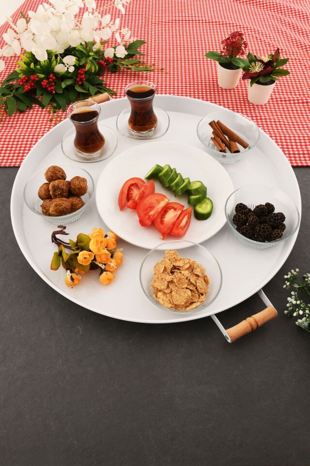 London 57 cm Beyaz Sunum Metal Servis Tepsisi Takımı Kahvaltı Ahşap Kulp İkramlık