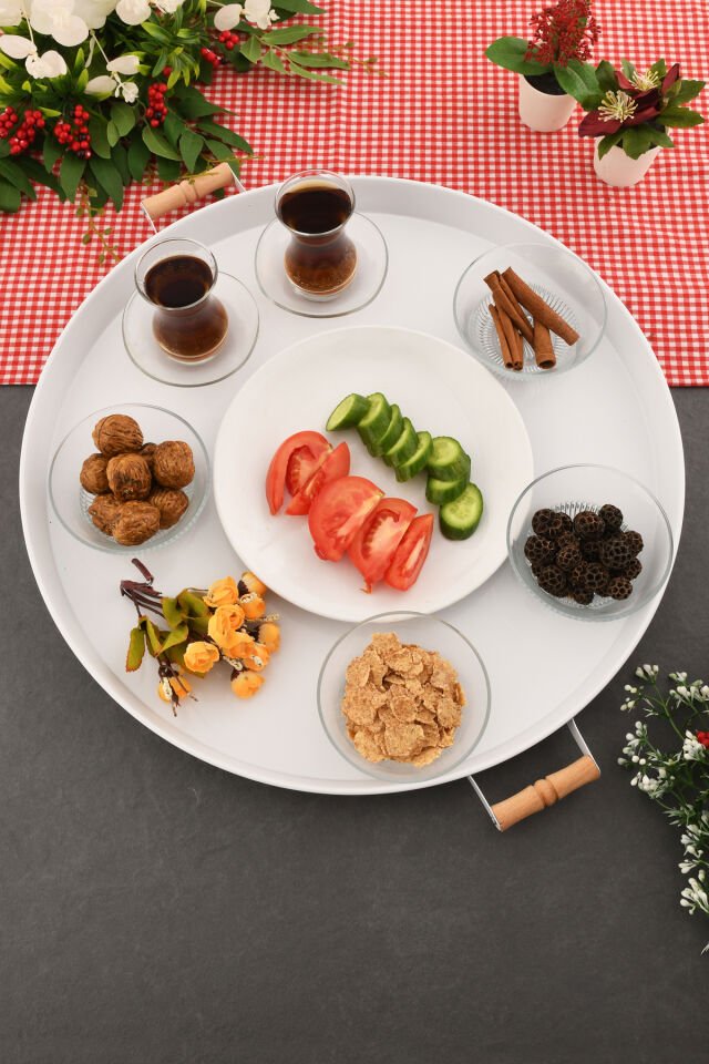 London 57 cm Beyaz Sunum Metal Servis Tepsisi Takımı Kahvaltı Ahşap Kulp İkramlık