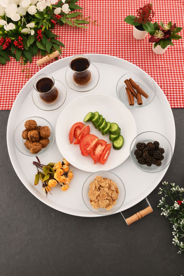 London 57 cm Beyaz Sunum Metal Servis Tepsisi Takımı Kahvaltı Ahşap Kulp İkramlık