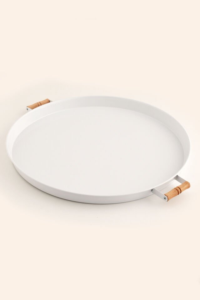 London 57 cm Beyaz Sunum Metal Servis Tepsisi Takımı Kahvaltı Ahşap Kulp İkramlık