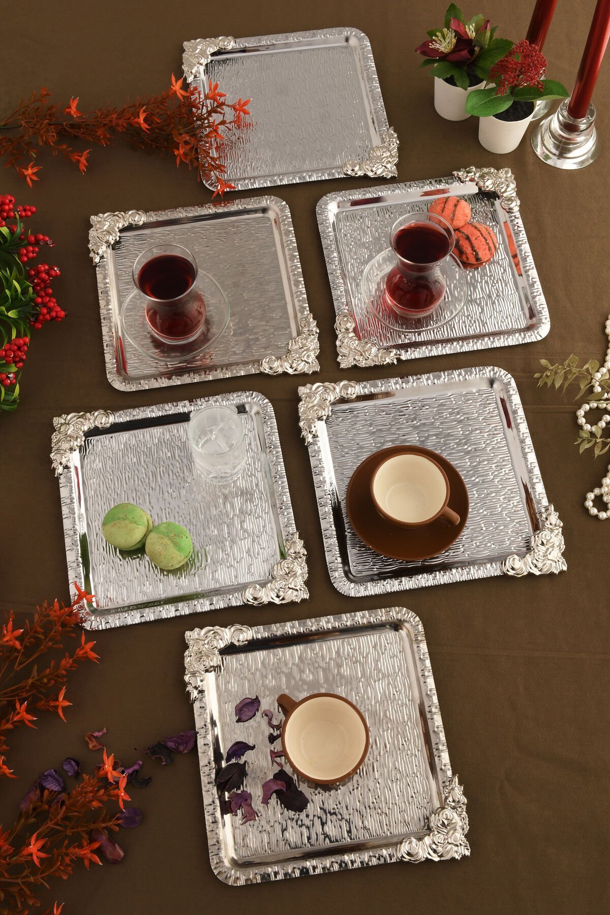 Abra Gümüş Paslanmaz Desenli Kare Köşesi Gümüş Çiçek Detaylı 6'lı Kahve Çay Sunumluk Servis Tepsi
