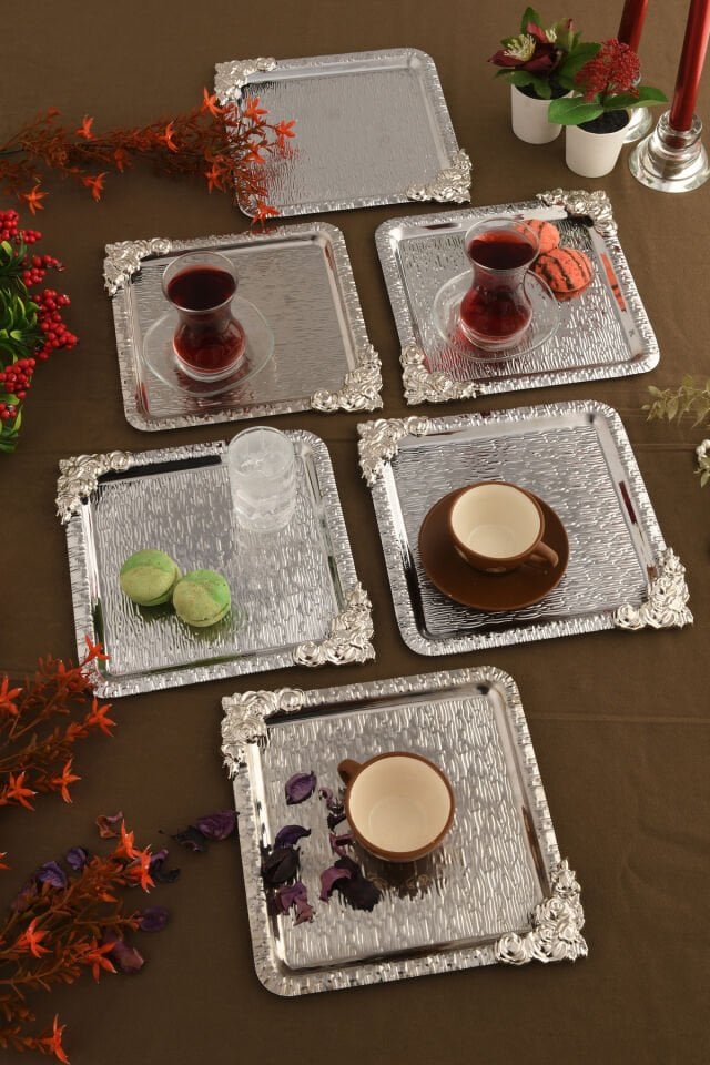 Abra Gümüş Paslanmaz Desenli Kare Köşesi Gümüş Çiçek Detaylı 6'lı Kahve Çay Sunumluk Servis Tepsi