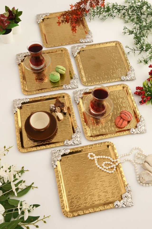 Abra Gold Paslanmaz Desenli Kare Köşesi Gümüş Çiçek Detaylı 6'lı Kahve Çay Sunumluk Servis Tepsi