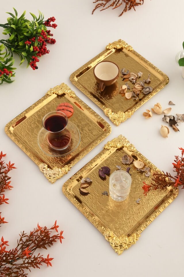 Abra Gold Paslanmaz Desenli Kare Köşesi Gold Çiçek Detaylı 3'lü Kahve Çay Sunumluk Servis Tepsi
