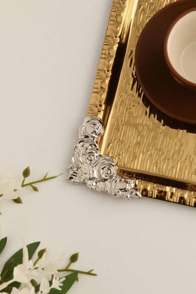 Abra Gold Paslanmaz Desenli Kare Köşesi Gümüş Çiçek Detaylı 1'li Kahve Çay Sunumluk Servis Tepsi