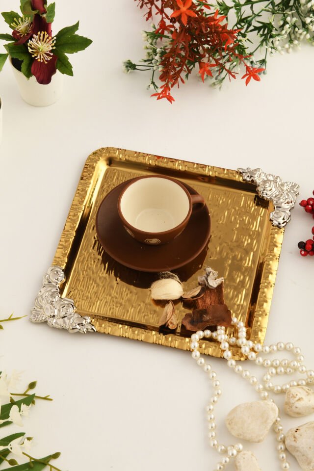 Abra Gold Paslanmaz Desenli Kare Köşesi Gümüş Çiçek Detaylı 1'li Kahve Çay Sunumluk Servis Tepsi