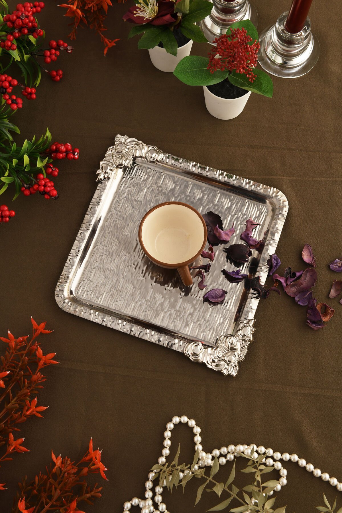 Abra Gümüş Paslanmaz Desenli Kare Köşesi Gümüş Çiçek Detaylı 1'li Kahve Çay Sunumluk Servis Tepsi