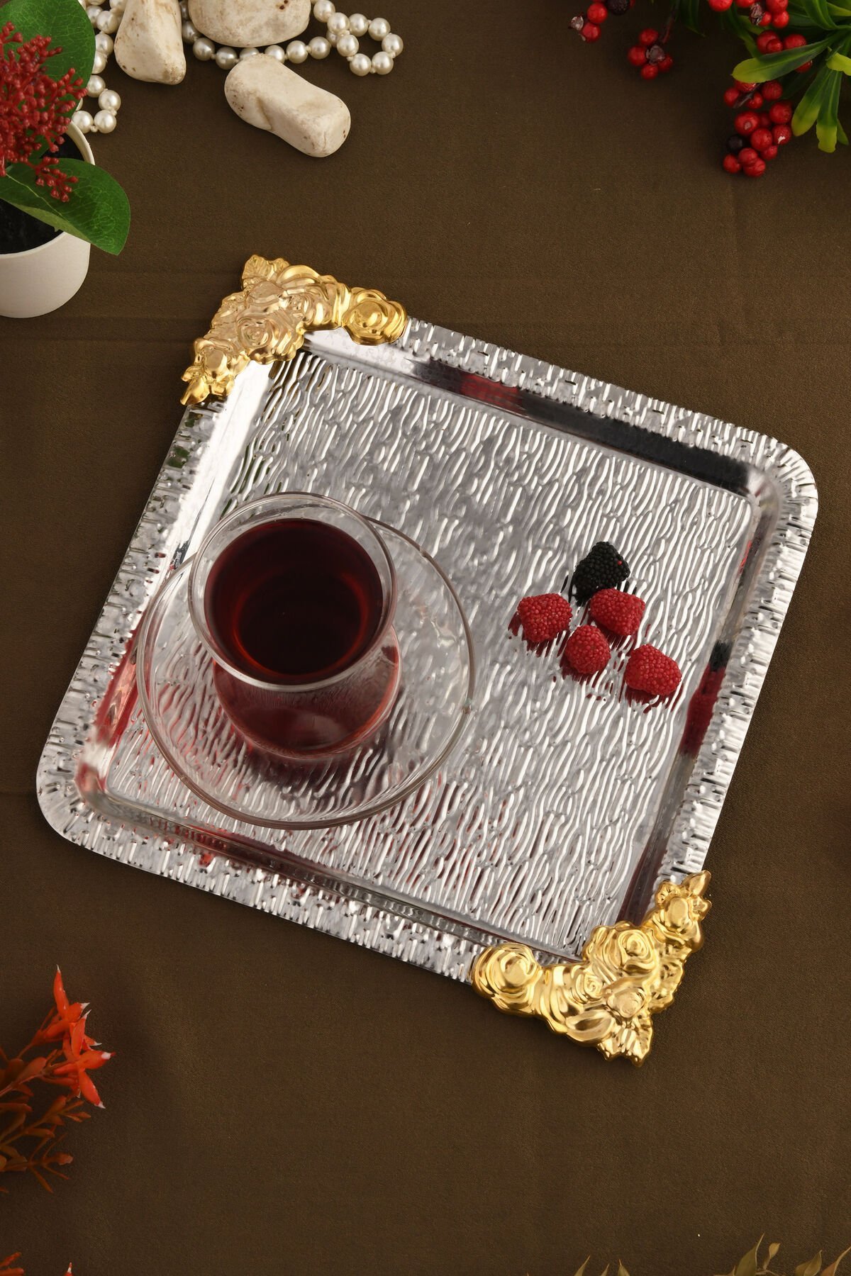 Abra Gümüş Paslanmaz Desenli Kare Köşesi Gold Çiçek Detaylı 1'li Kahve Çay Sunumluk Servis Tepsi