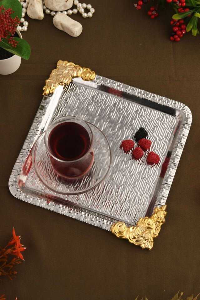 Abra Gümüş Paslanmaz Desenli Kare Köşesi Gold Çiçek Detaylı 1'li Kahve Çay Sunumluk Servis Tepsi