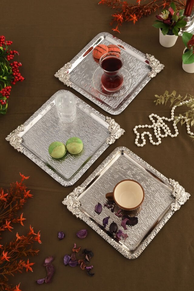 Abra Gümüş Paslanmaz Desenli Kare Köşesi Gümüş Çiçek Detaylı 3'lü Kahve Çay Sunumluk Servis Tepsi