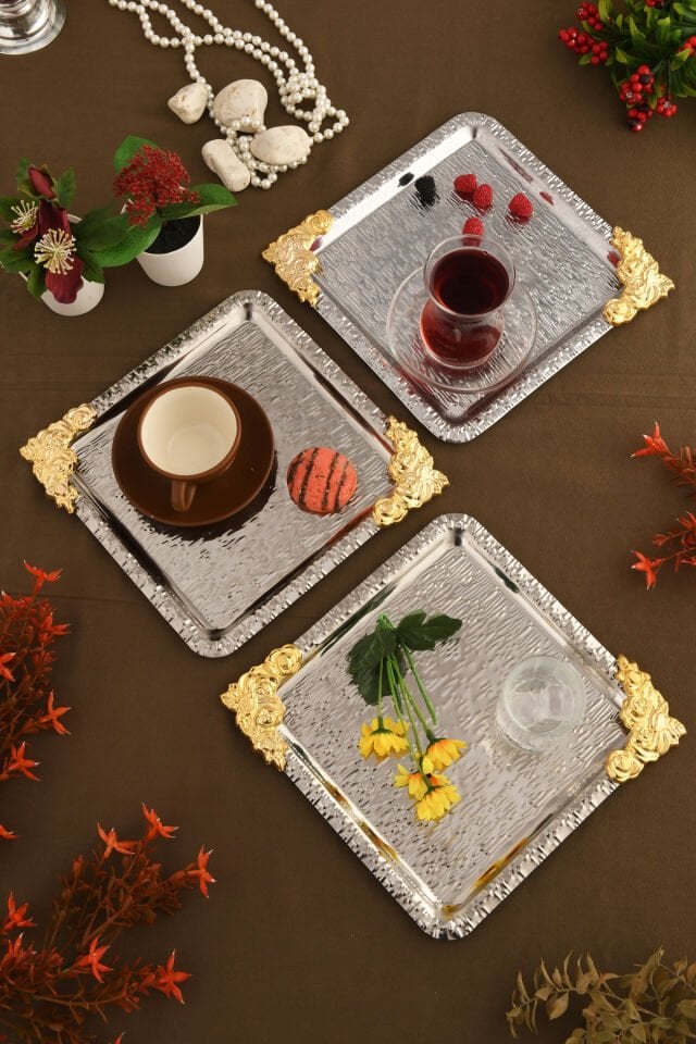 Abra Gümüş Paslanmaz Desenli Kare Köşesi Gold Çiçek Detaylı 3'lü Kahve Çay Sunumluk Servis Tepsi