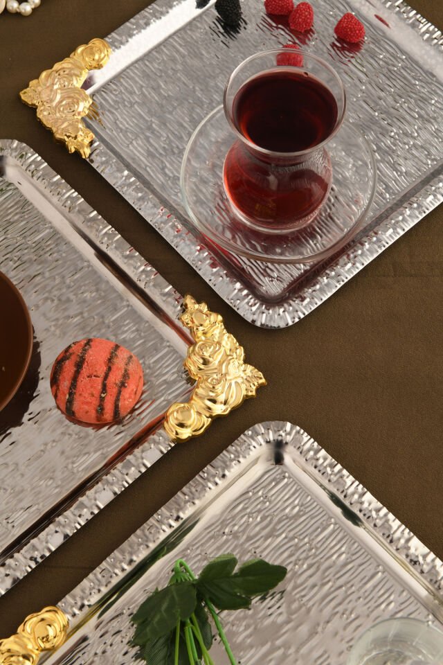 Abra Gümüş Paslanmaz Desenli Kare Köşesi Gold Çiçek Detaylı 3'lü Kahve Çay Sunumluk Servis Tepsi