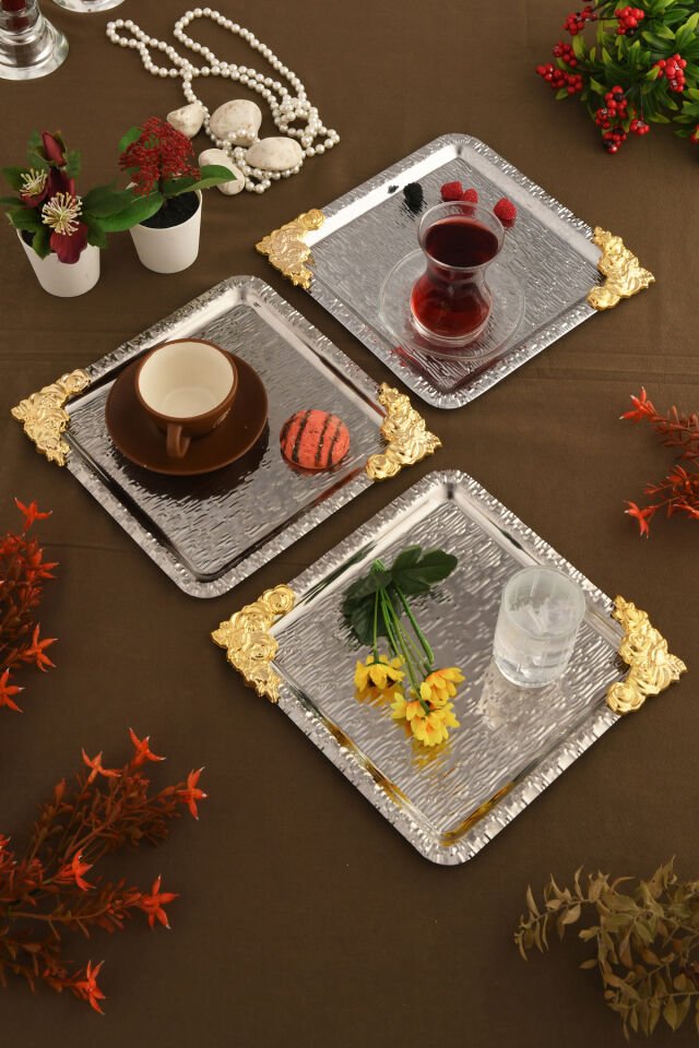 Abra Gümüş Paslanmaz Desenli Kare Köşesi Gold Çiçek Detaylı 3'lü Kahve Çay Sunumluk Servis Tepsi