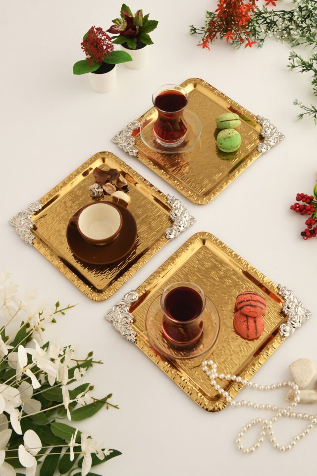 Abra Gold Paslanmaz Desenli Kare Köşesi Gümüş Çiçek Detaylı 3'lü Kahve Çay Sunumluk Servis Tepsi