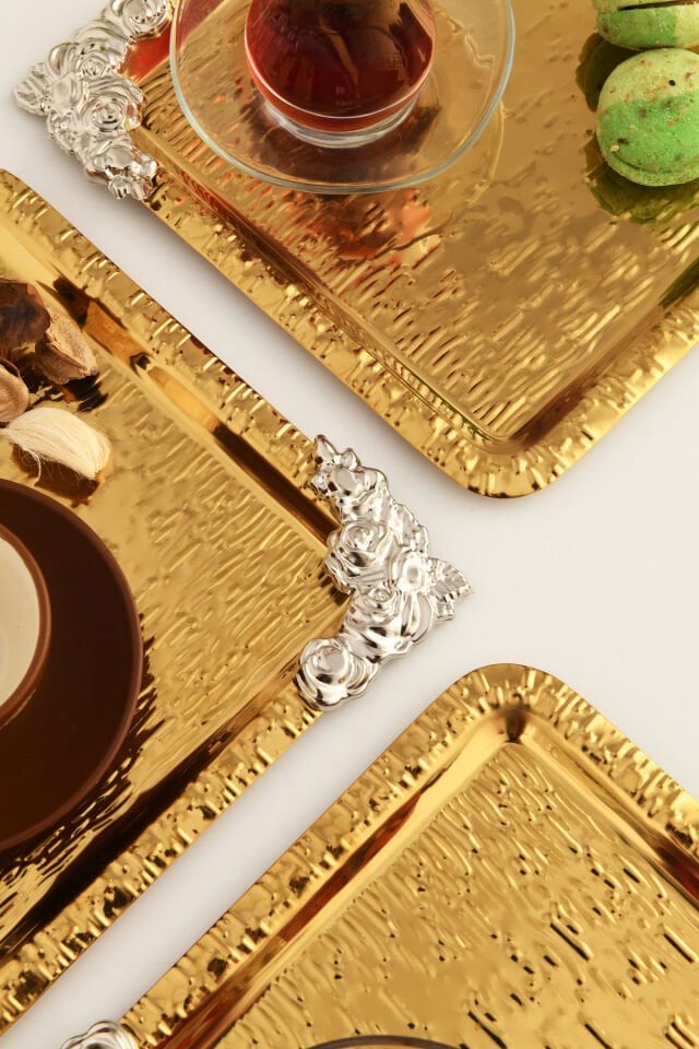 Abra Gold Paslanmaz Desenli Kare Köşesi Gümüş Çiçek Detaylı 3'lü Kahve Çay Sunumluk Servis Tepsi