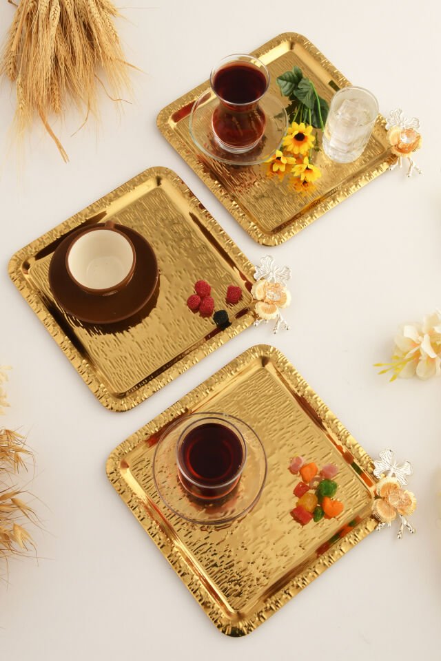 Oslo Gold Paslanmaz Desenli Kare Köşesi Kelebek Taş Detaylı 3'lü Kahve Çay Sunumluk Servis Tepsi