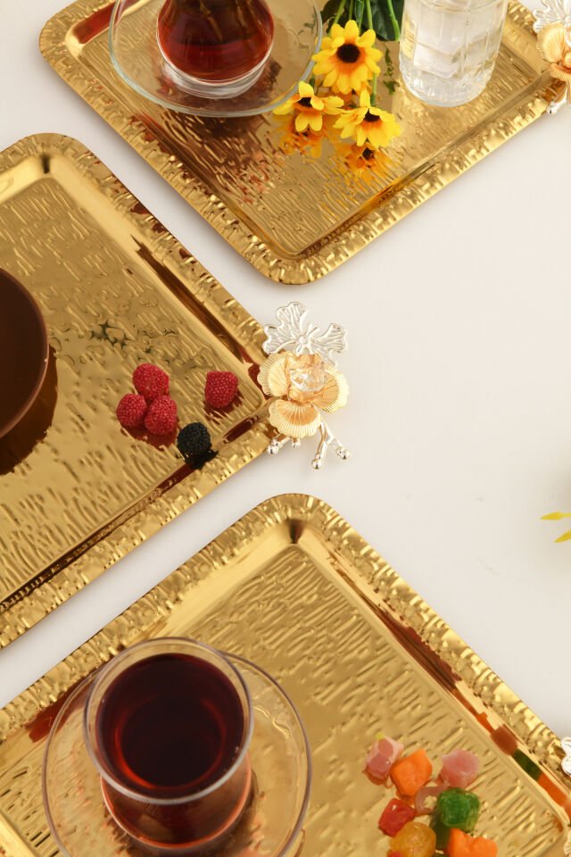 Oslo Gold Paslanmaz Desenli Kare Köşesi Kelebek Taş Detaylı 3'lü Kahve Çay Sunumluk Servis Tepsi