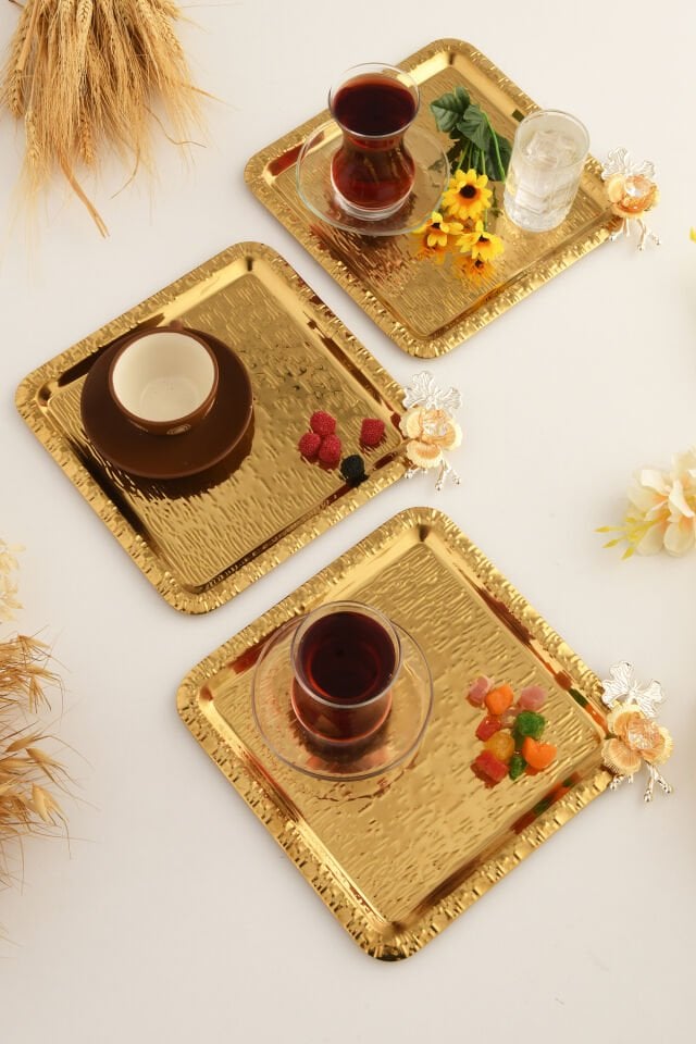 Oslo Gold Paslanmaz Desenli Kare Köşesi Kelebek Taş Detaylı 3'lü Kahve Çay Sunumluk Servis Tepsi