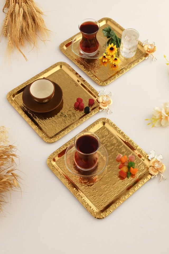 Oslo Gold Paslanmaz Desenli Kare Köşesi Kelebek Taş Detaylı 3'lü Kahve Çay Sunumluk Servis Tepsi