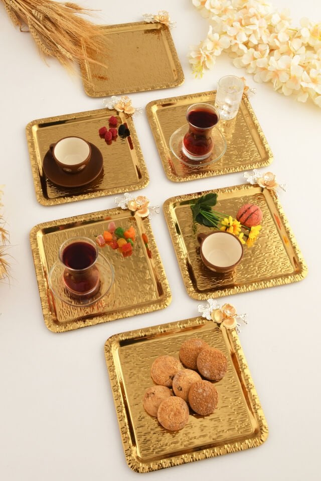 Oslo Gold Paslanmaz Desenli Kare Köşesi Kelebek Taş Detaylı 6'lı Kahve Çay Sunumluk Servis Tepsi