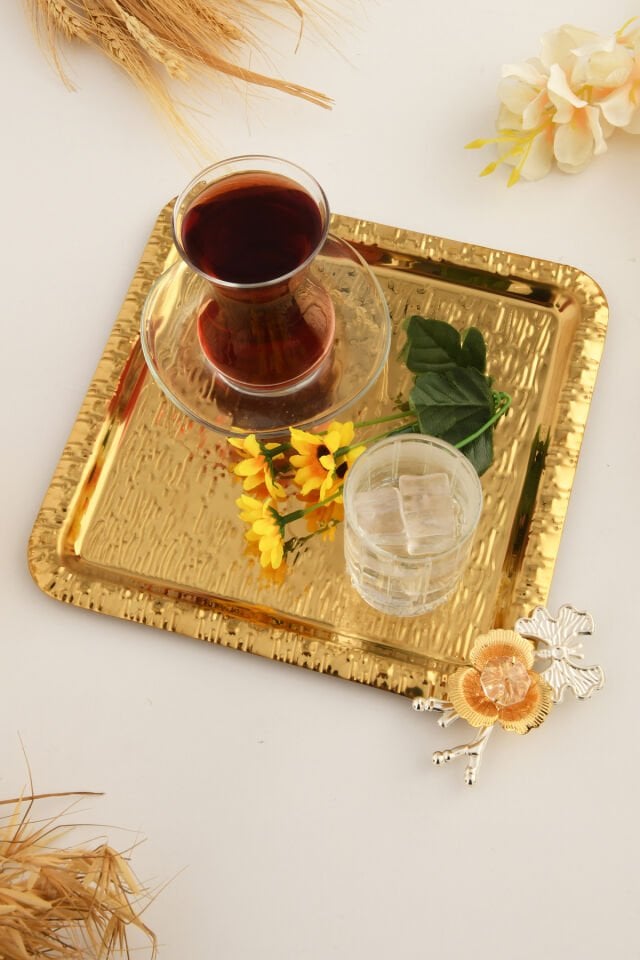 Oslo Gold Paslanmaz Desenli Kare Köşesi Kelebek Taş Detaylı 1'li Kahve Çay Sunumluk Servis Tepsi