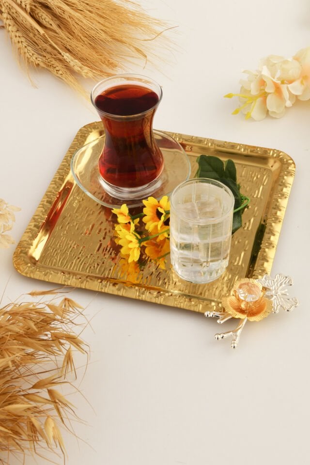 Oslo Gold Paslanmaz Desenli Kare Köşesi Kelebek Taş Detaylı 1'li Kahve Çay Sunumluk Servis Tepsi