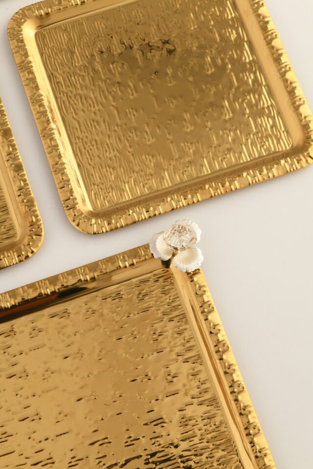 Berlin Gold Paslanmaz Desenli Kare Köşesi Taş Detaylı 6'lı Kahve Çay Sunumluk Servis Tepsi