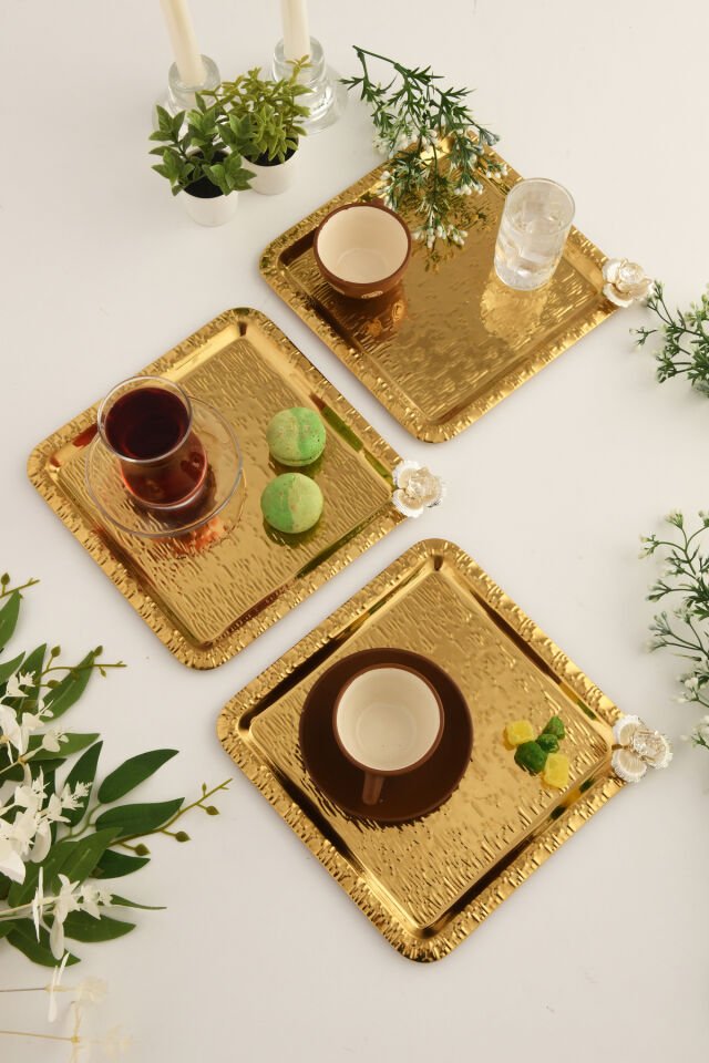 Berlin Gold Paslanmaz Desenli Kare Köşesi Taş Detaylı 3'lü Kahve Çay Sunumluk Servis Tepsi