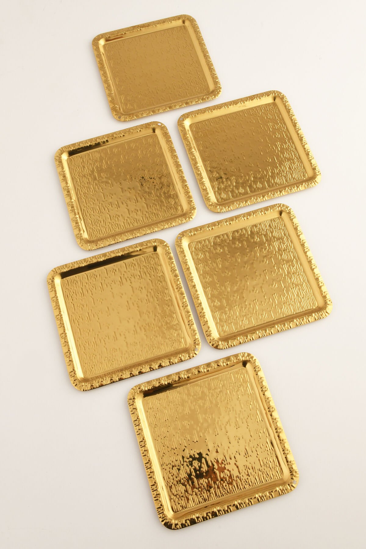 Alora Gold Paslanmaz Desenli Kare 6'lı Kahve Çay Sunumluk Servis Tepsi