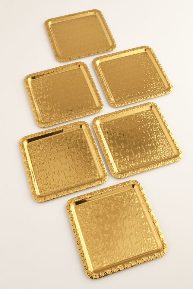 Alora Gold Paslanmaz Desenli Kare 6'lı Kahve Çay Sunumluk Servis Tepsi