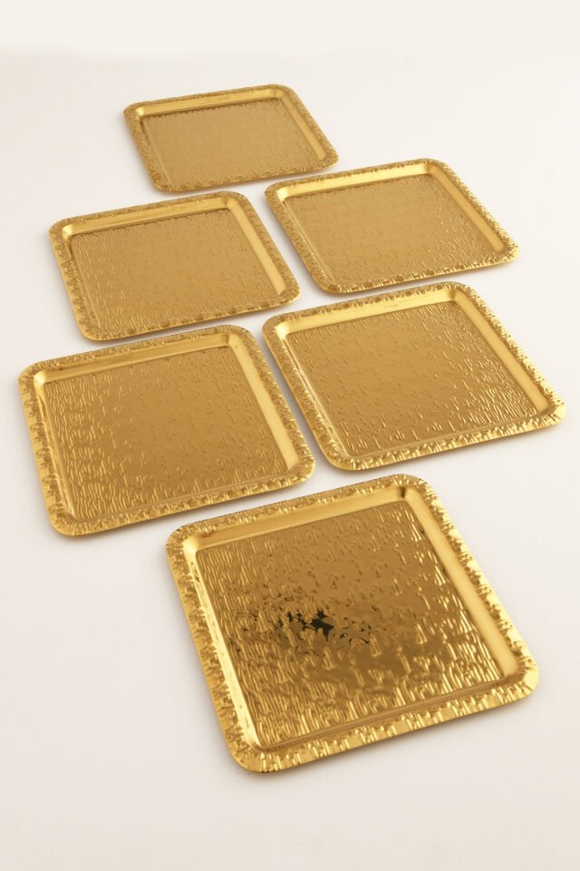 Alora Gold Paslanmaz Desenli Kare 6'lı Kahve Çay Sunumluk Servis Tepsi
