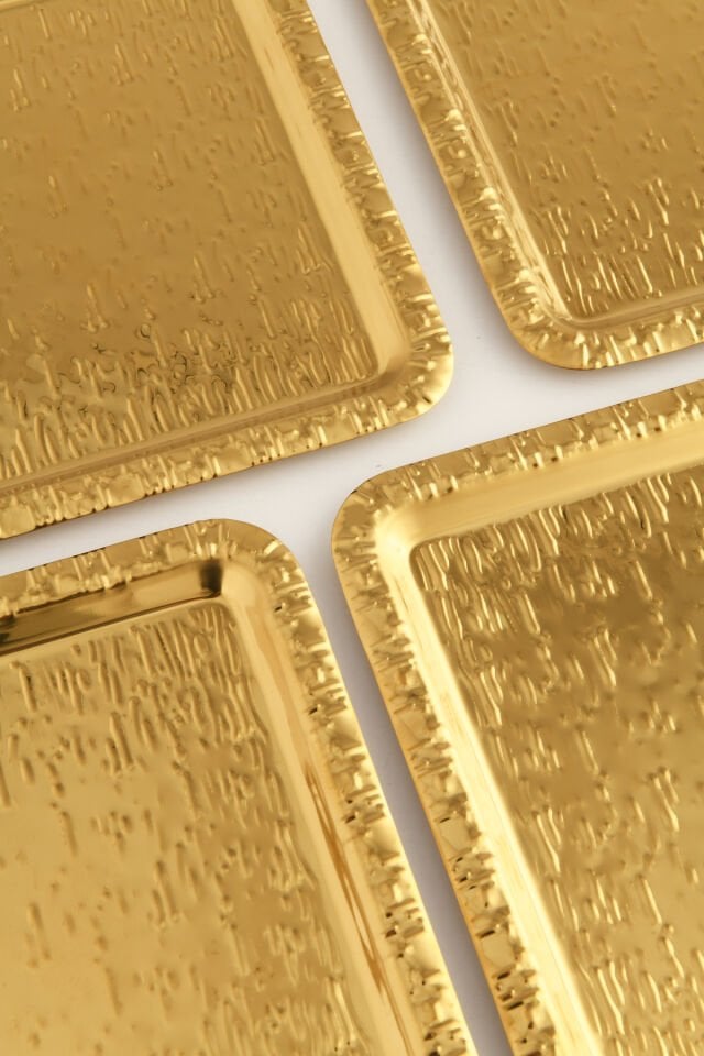 Alora Gold Paslanmaz Desenli Kare 6'lı Kahve Çay Sunumluk Servis Tepsi