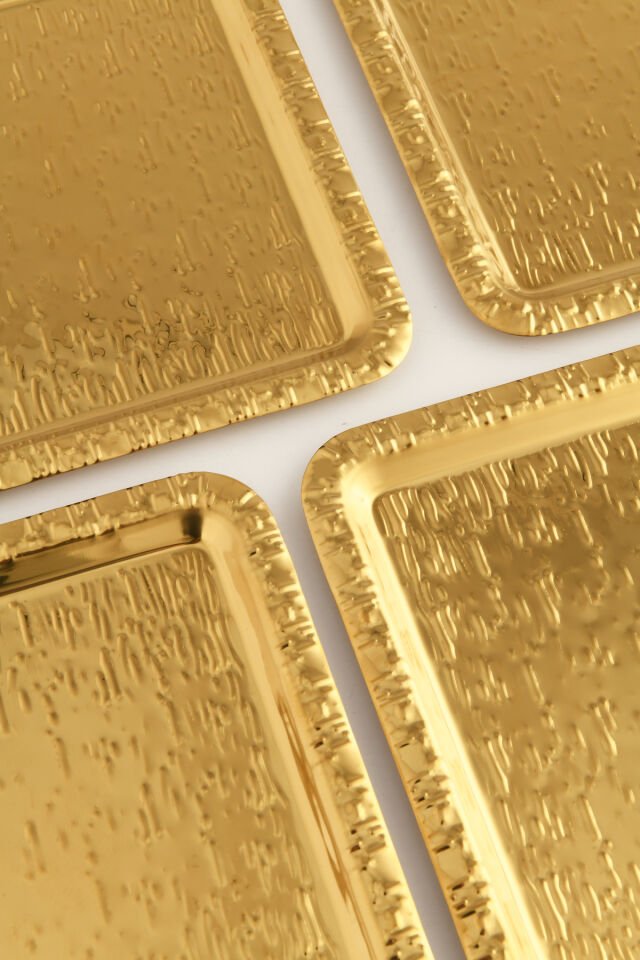 Alora Gold Paslanmaz Desenli Kare 6'lı Kahve Çay Sunumluk Servis Tepsi