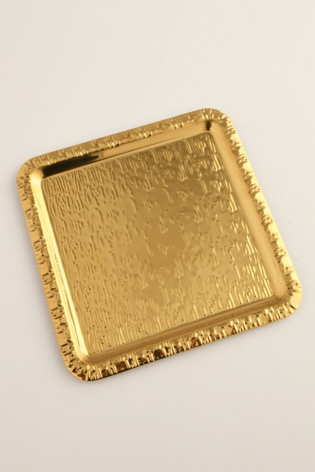 Alora Gold Paslanmaz Desenli Kare 1'li Kahve Çay Sunumluk Servis Tepsi
