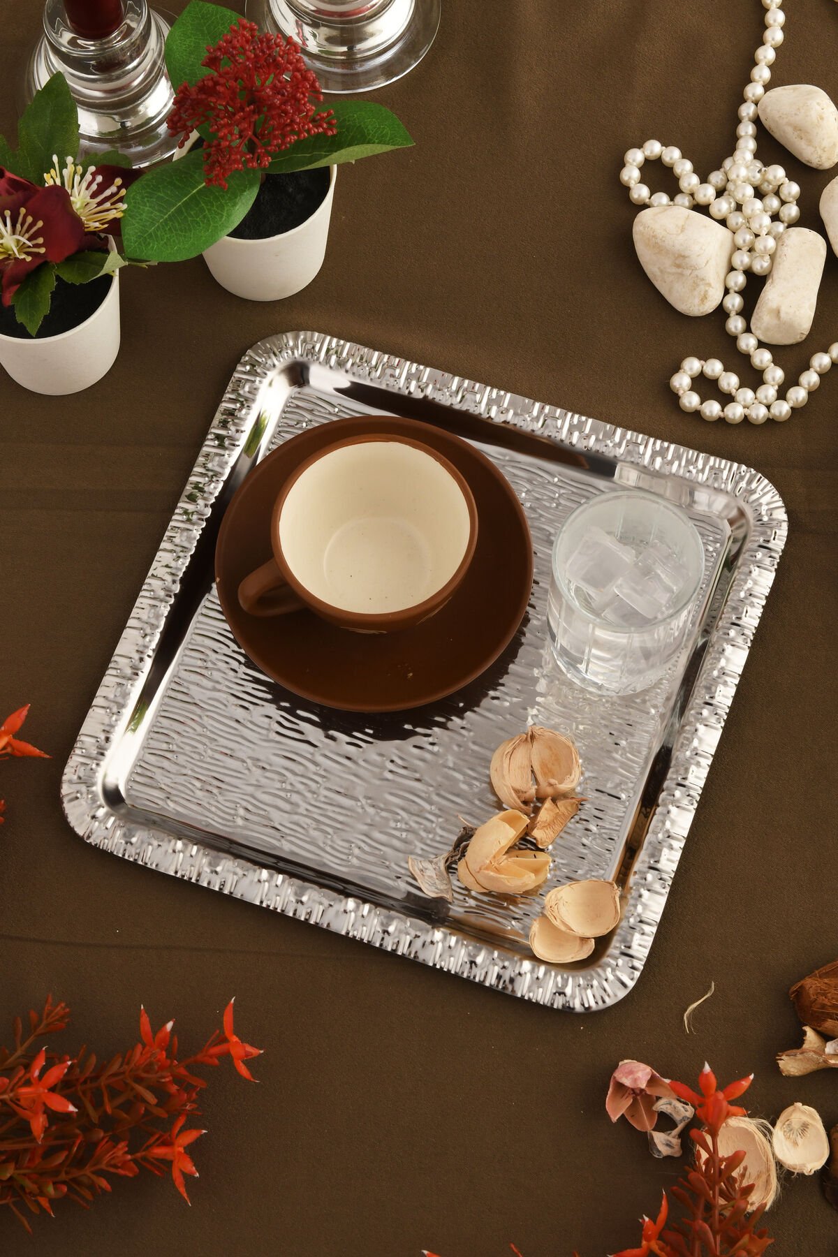 Alora Gümüş Paslanmaz Desenli Kare 1'li Kahve Çay Sunumluk Servis Tepsi