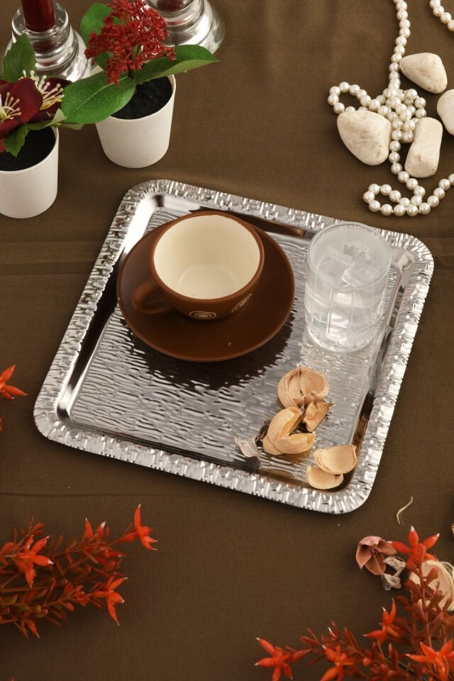 Alora Gümüş Paslanmaz Desenli Kare 1'li Kahve Çay Sunumluk Servis Tepsi