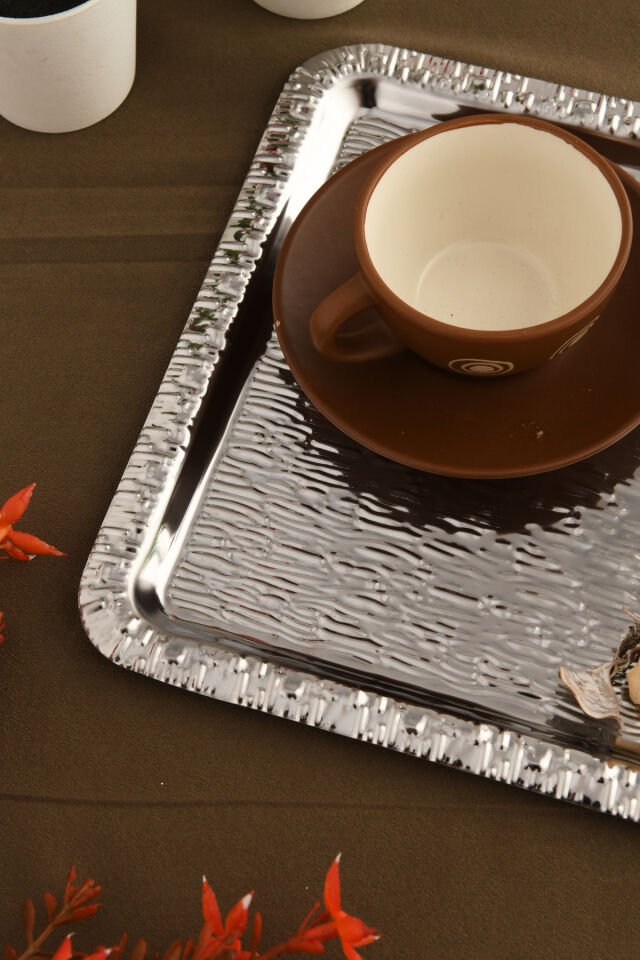 Alora Gümüş Paslanmaz Desenli Kare 1'li Kahve Çay Sunumluk Servis Tepsi