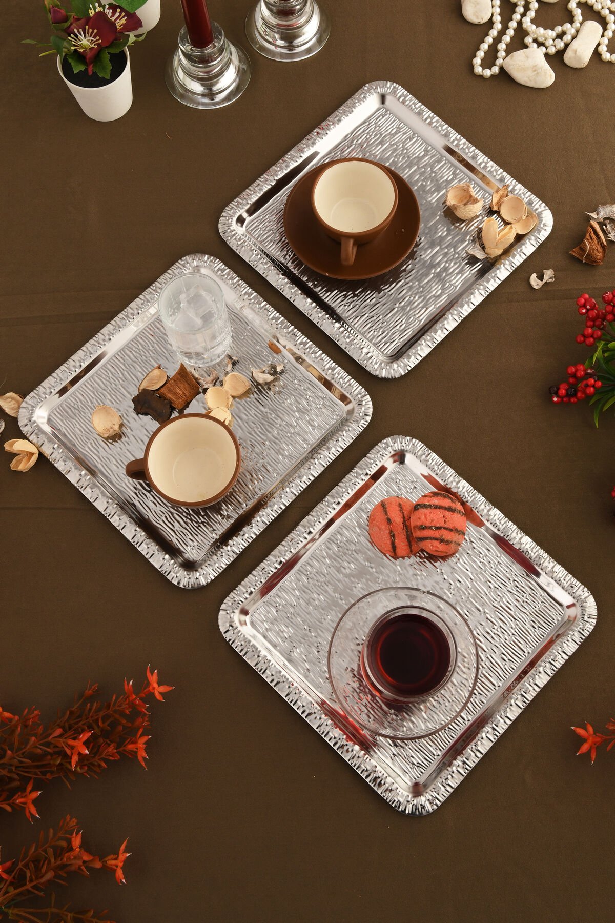 Alora Gümüş Paslanmaz Desenli Kare 3'lü Kahve Çay Sunumluk Servis Tepsi